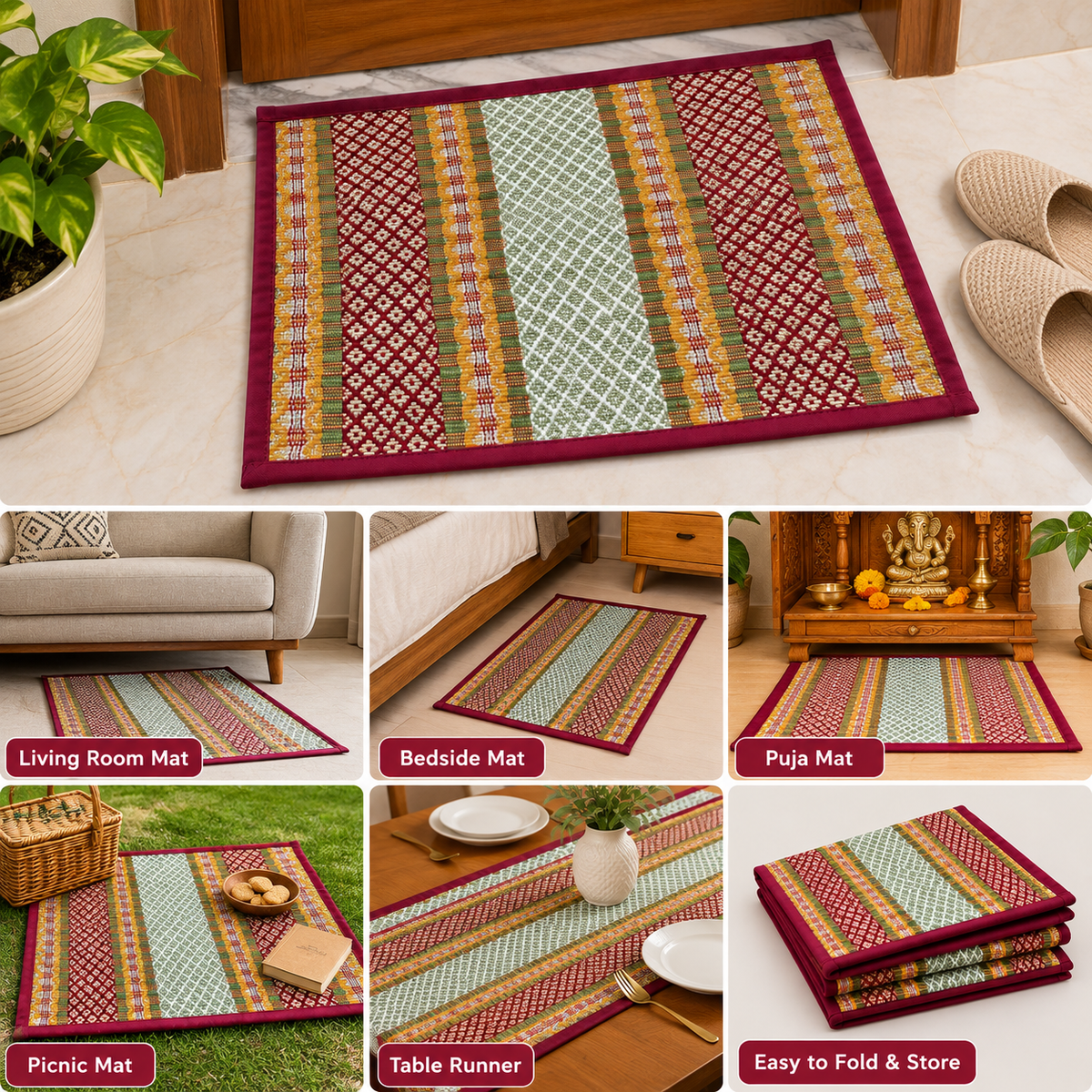 Red & White Set of 6 Madur Kathi Mats