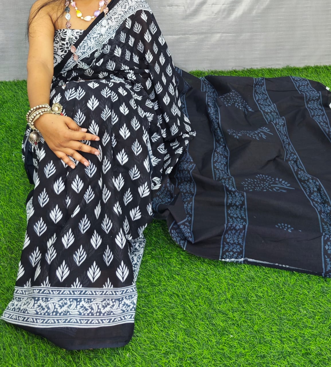 Bagru Natural Hand Block Print Cotton Mulmul Saree With Blouse Style 6