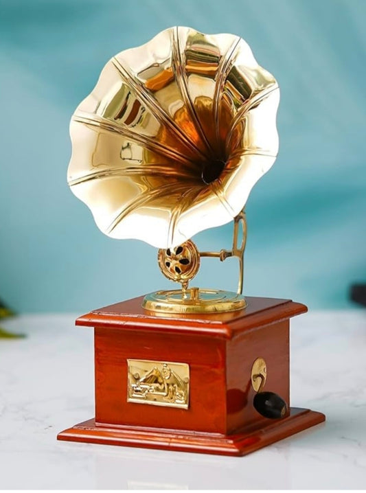 Vintage Brass And Wooden Showpiece Gramophone
