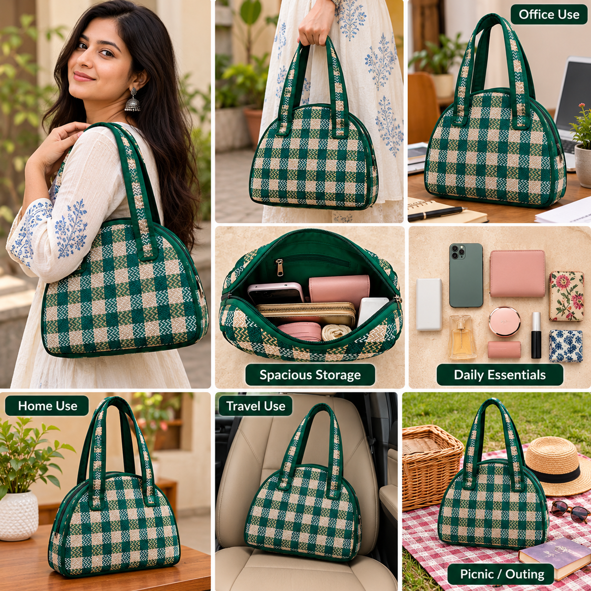 Beautiful Green & Beige Madur Kathi Bag