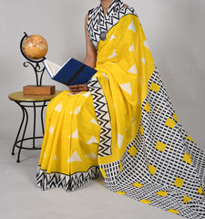 Bagru Natural Hand Block Print Cotton Mulmul Saree With Blouse