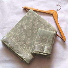 Bagru Hand Block Printed Linen Saree With Blouse