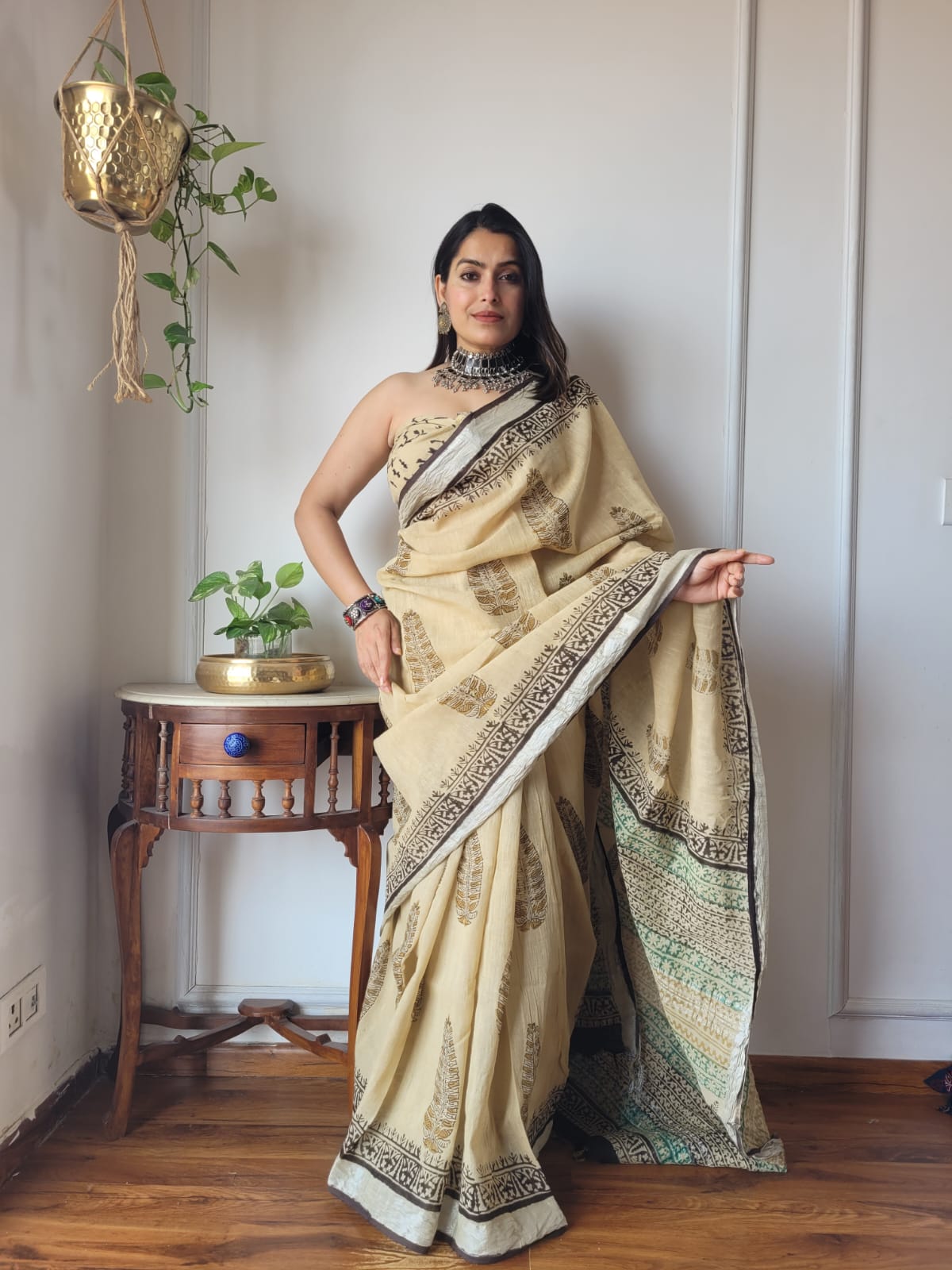 Bagru Hand Block Printed Linen Saree With Blouse
