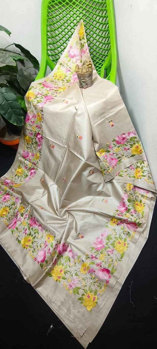 Beautiful Pure Tussar Kosa Embroidery Work Saree