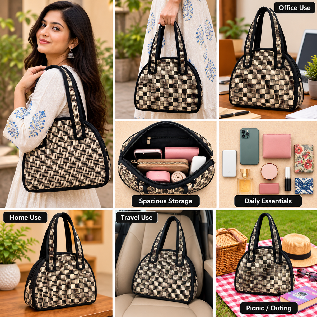 Brown Checks Design Madur Kathi Bag
