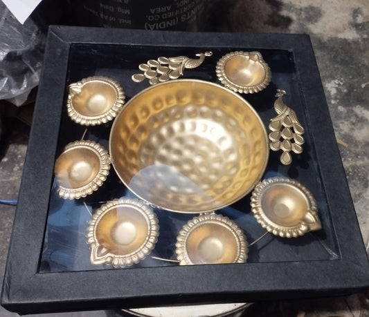 Decorative Iron Diya and Peacock Urli (with Gift Box)