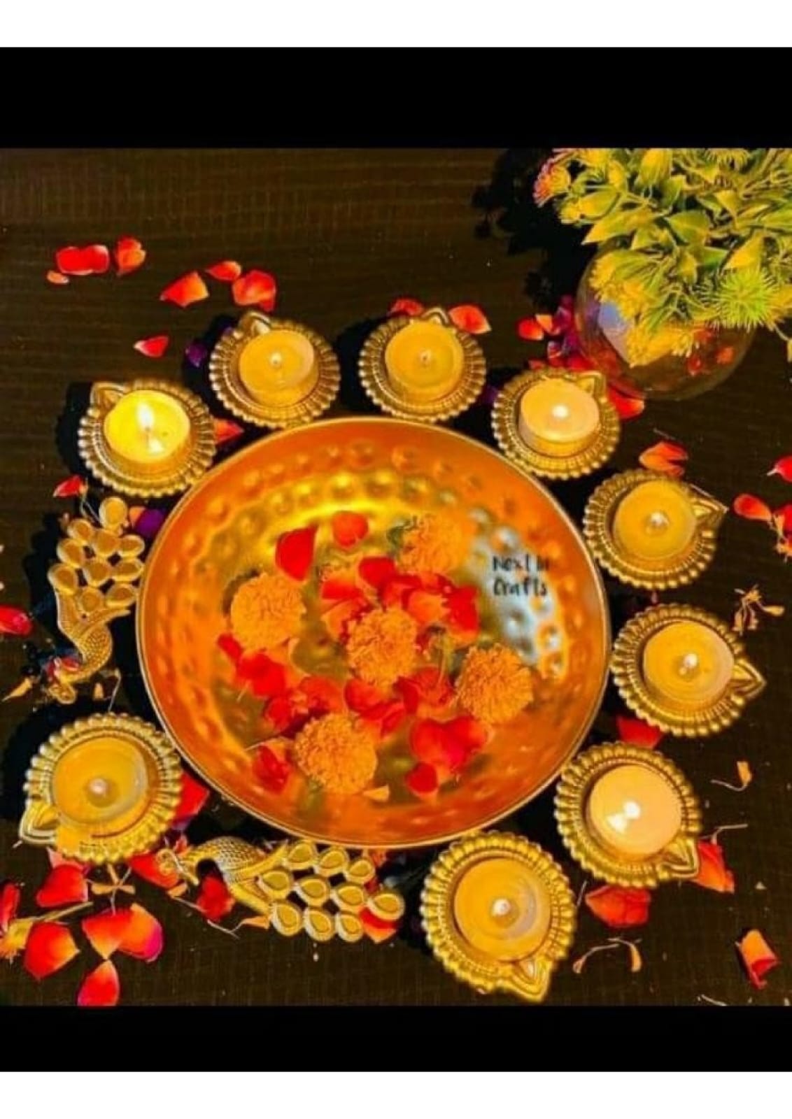 Decorative Iron Diya and Peacock Urli (with Gift Box)