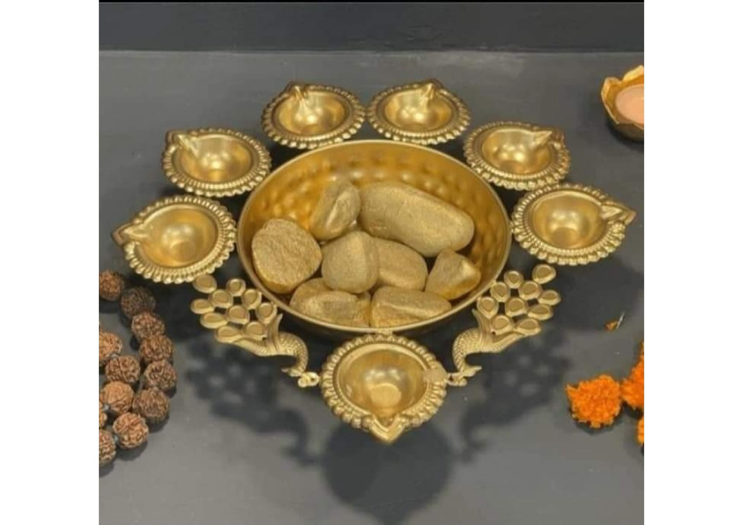 Decorative Iron Diya and Peacock Urli (with Gift Box)