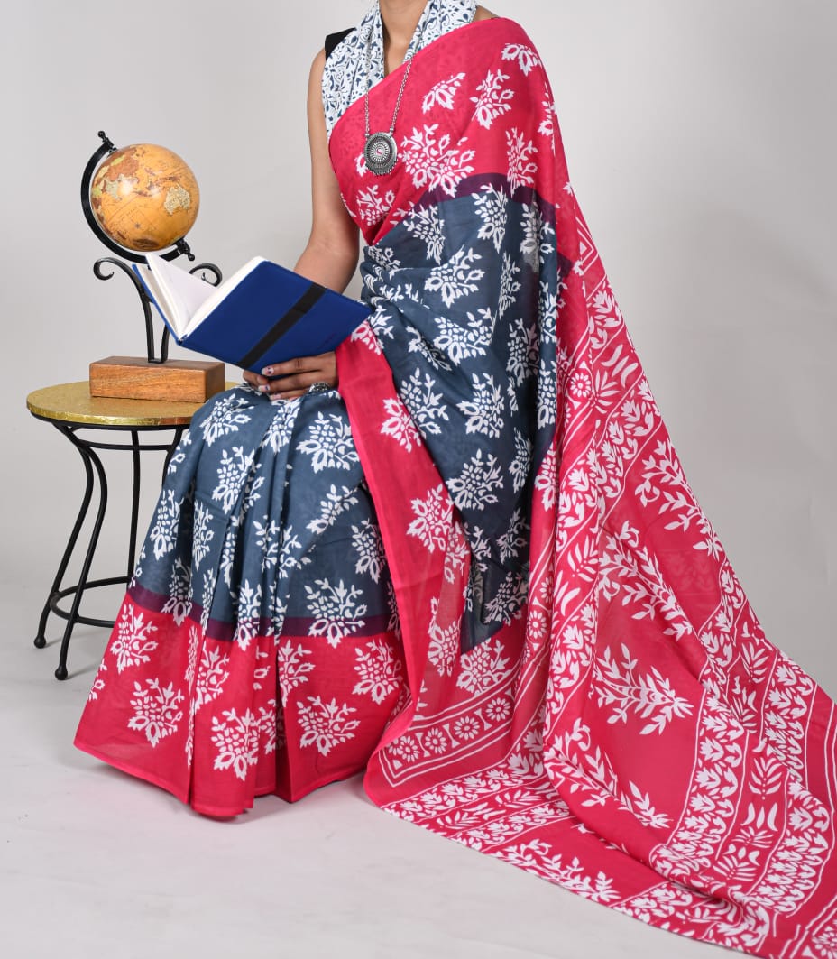 Bagru Natural Hand Block Print Cotton Mulmul Saree With Blouse