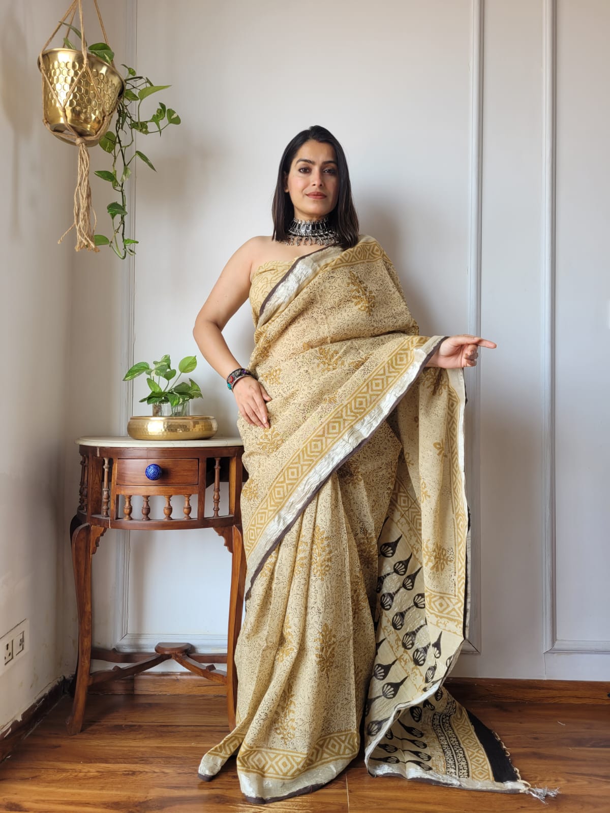 Bagru Hand Block Printed Linen Saree With Blouse