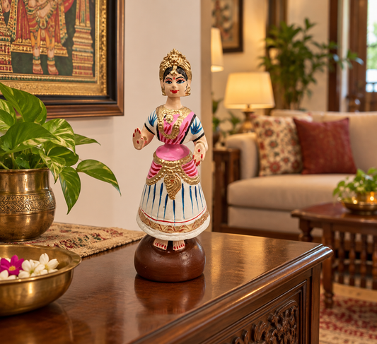 Tanjavur Dancing Doll : 11 Inch, White-Pink-White