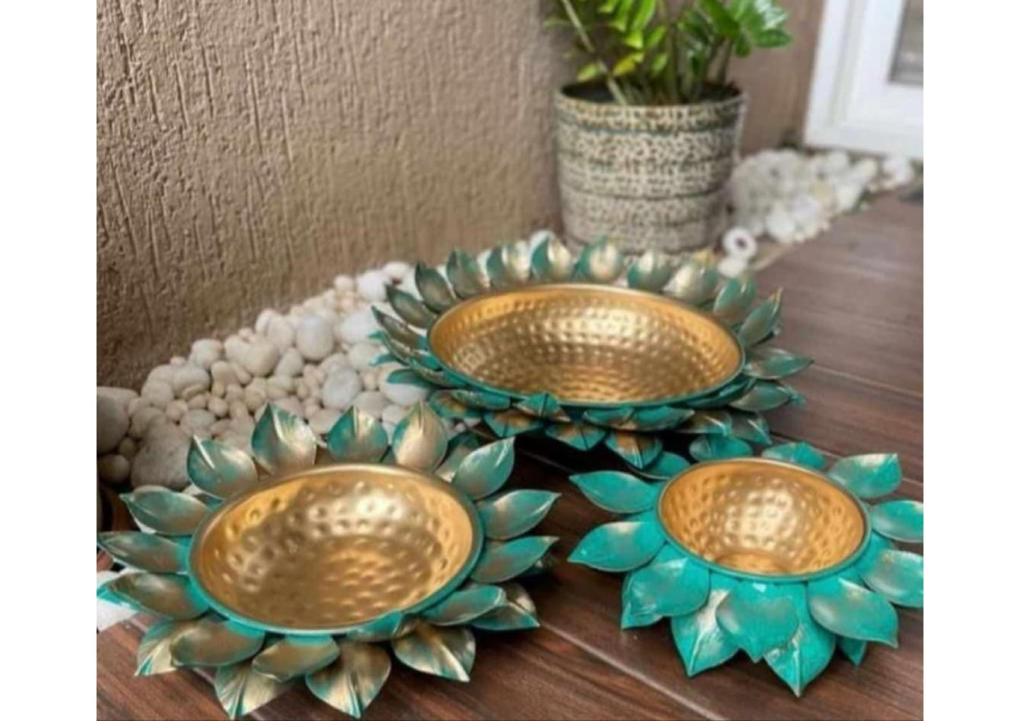 Attractive Iron Lotus Design Green Urli Set (Set of 3)
