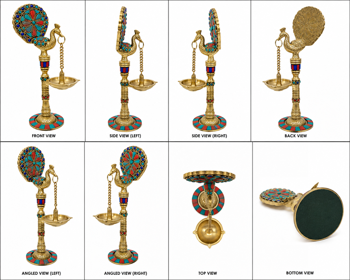 Brass Finish Peacock Deepak Pair With Stone Work