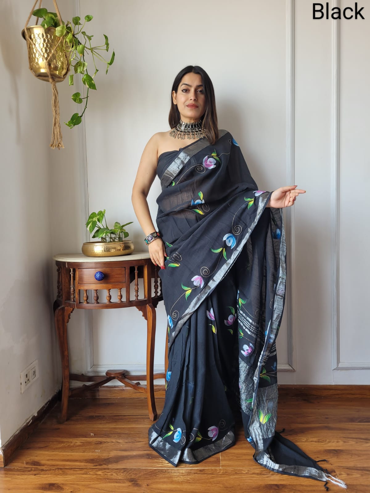 Bagru Hand Block Printed Linen Saree With Blouse