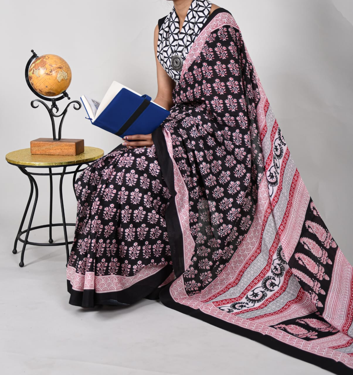 Bagru Natural Hand Block Print Cotton Mulmul Saree With Blouse
