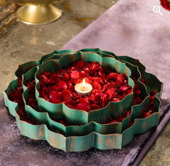 Attractive Iron Lotus Design Golden/Green Urli Set (Set of 3)