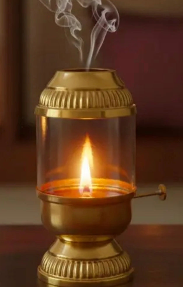 Akhand Diya / Brass Oil Lamp (With Glass Cover)