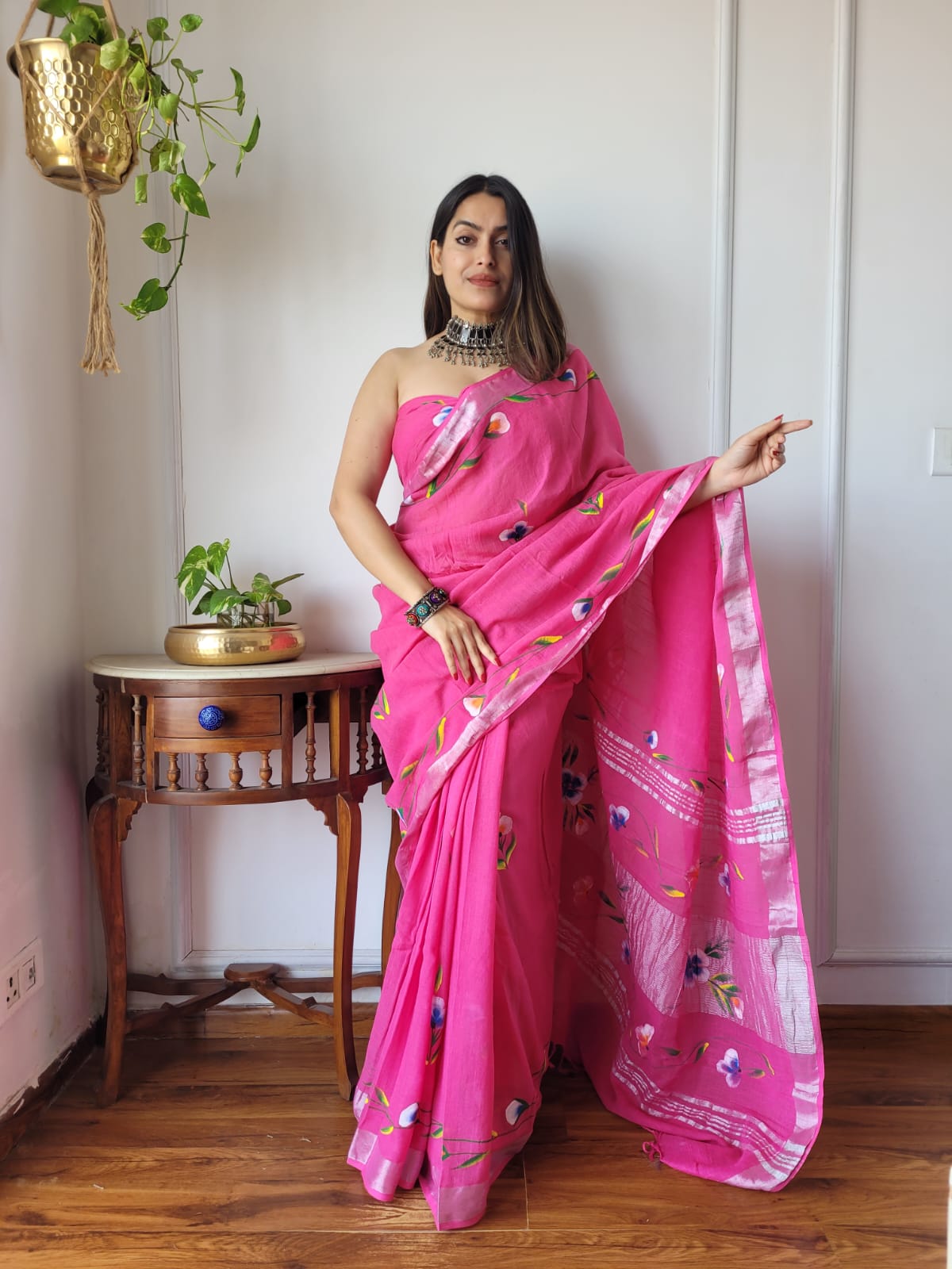 Bagru Hand Block Printed Linen Saree With Blouse