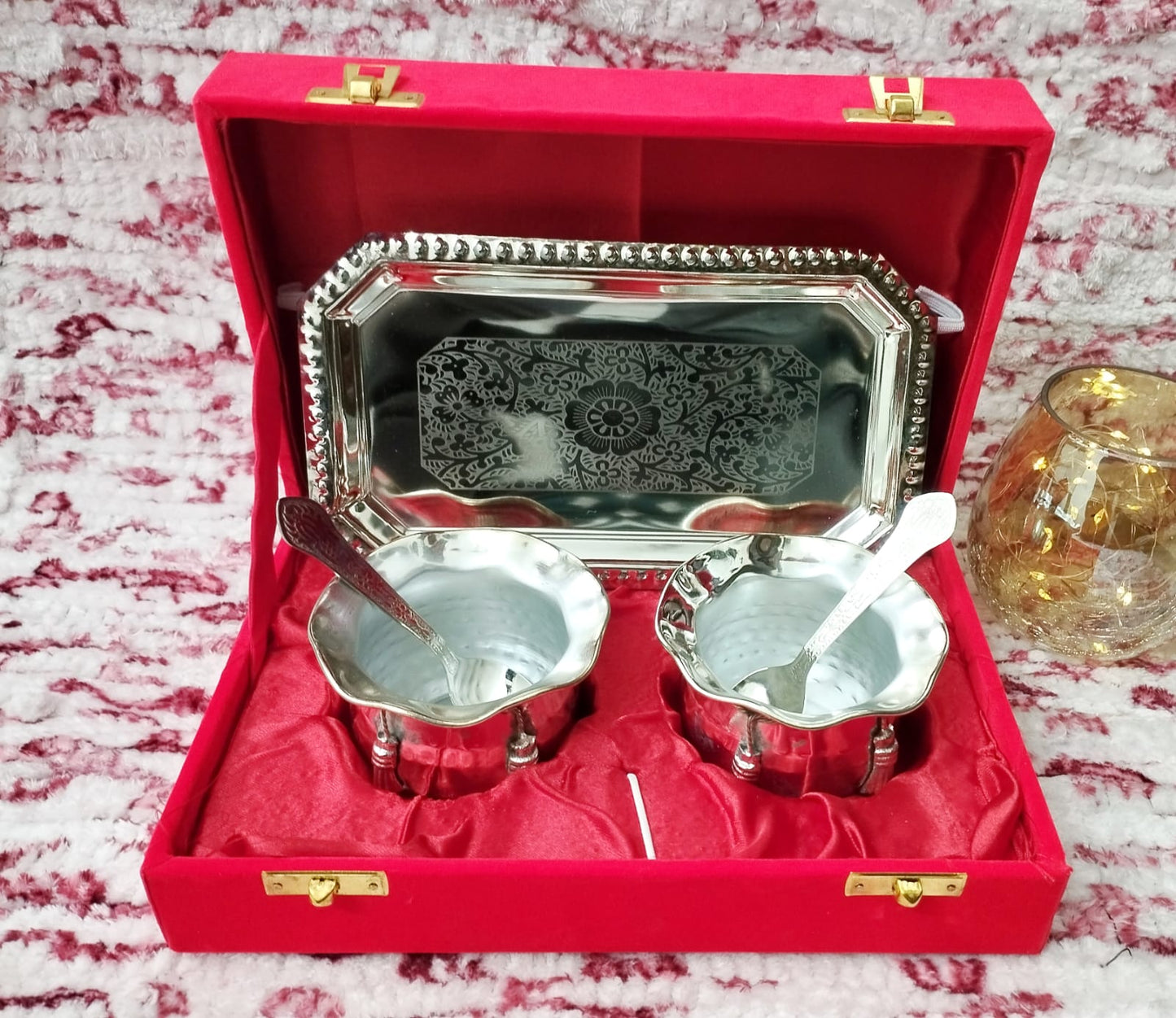 Moradabad Red Box Tray With 2 Jar And 2 Spoon