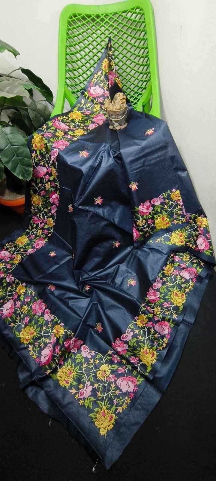 Beautiful Pure Tussar Kosa Embroidery Work Saree