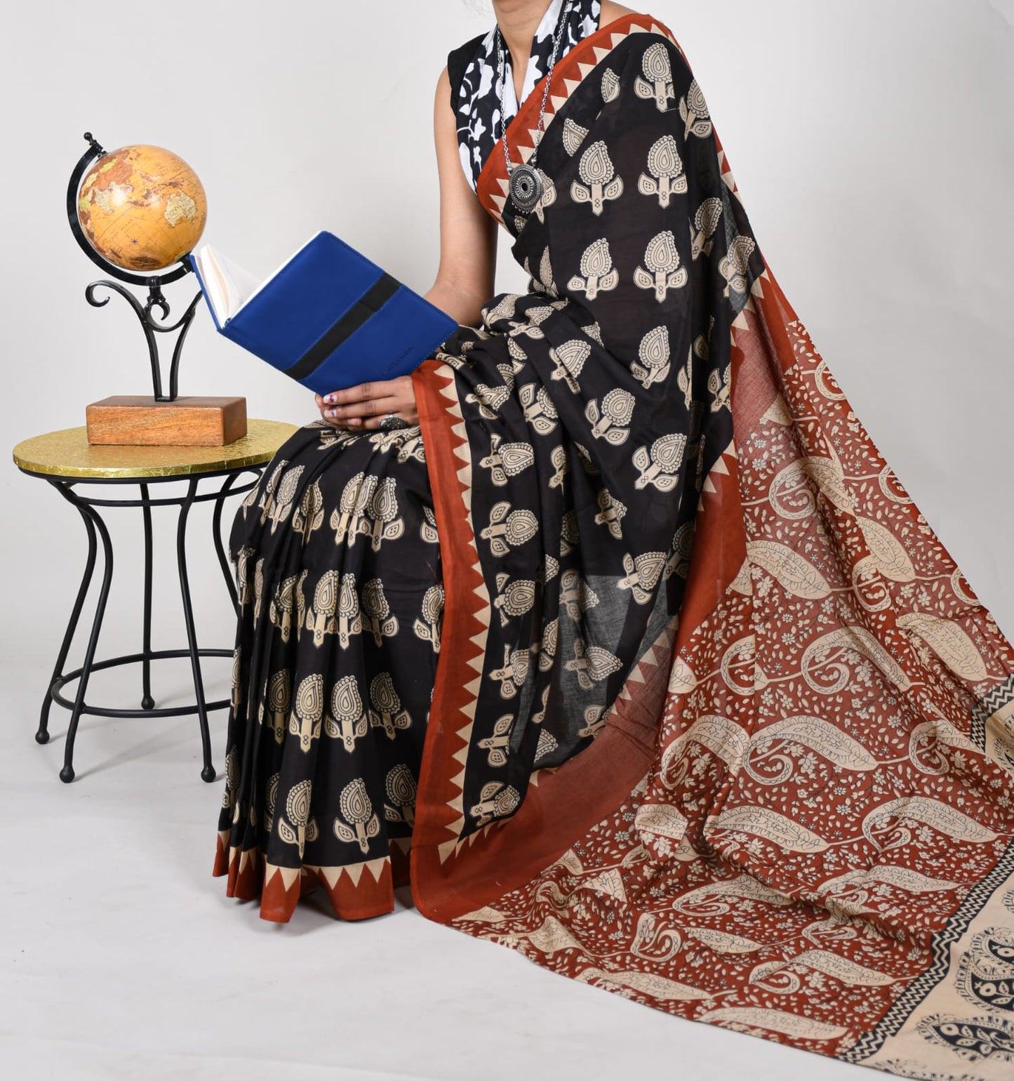 Bagru Natural Hand Block Print Cotton Mulmul Saree With Blouse