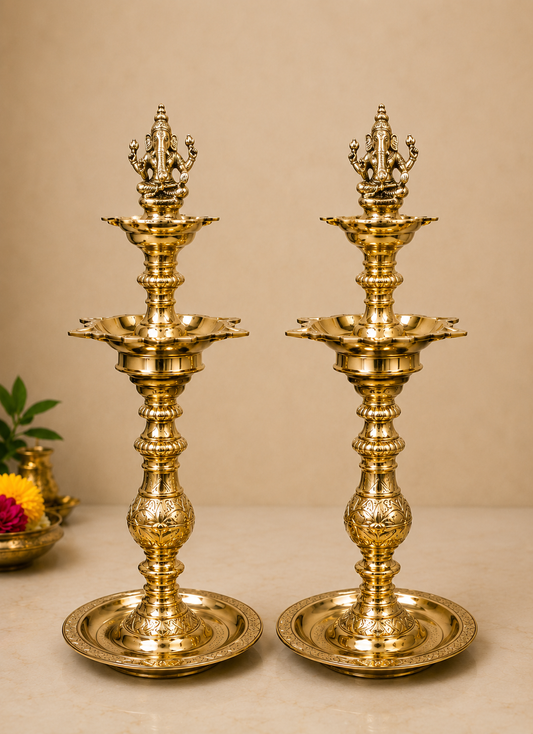 Nachiarkoil Brass Lamp with Lord Ganesha - 17 Inches- 6KG -Set of 2
