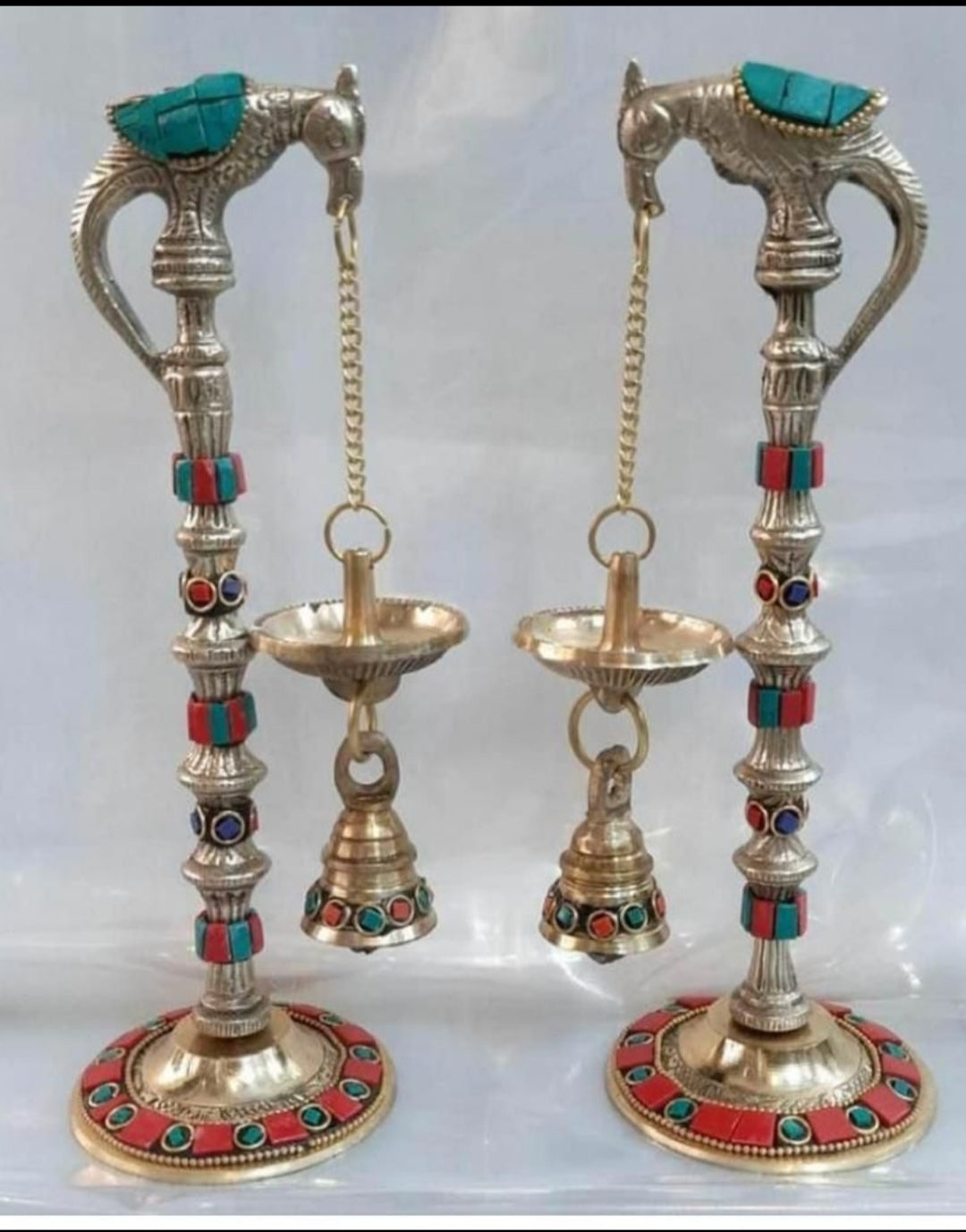 Beautiful Hanging Diya And Bell Stand Set Made Of Brass