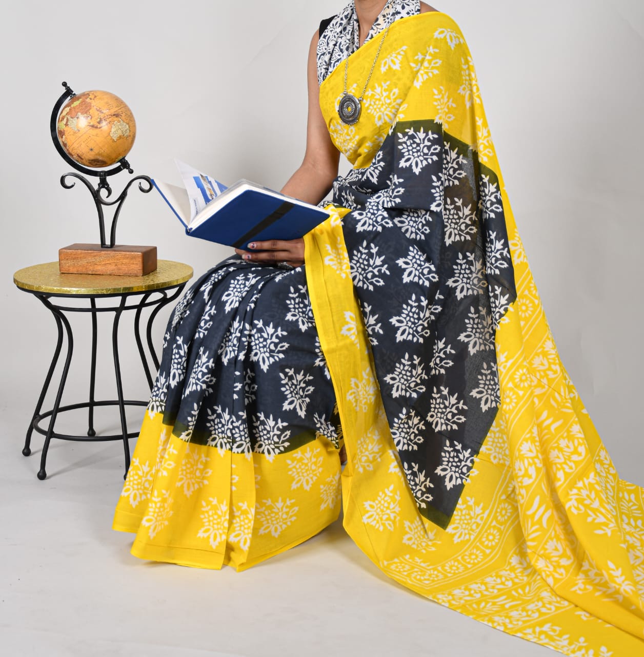 Bagru Natural Hand Block Print Cotton Mulmul Saree With Blouse