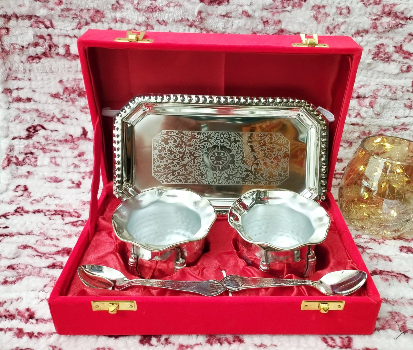 Moradabad Red Box Tray With 2 Jar And 2 Spoon