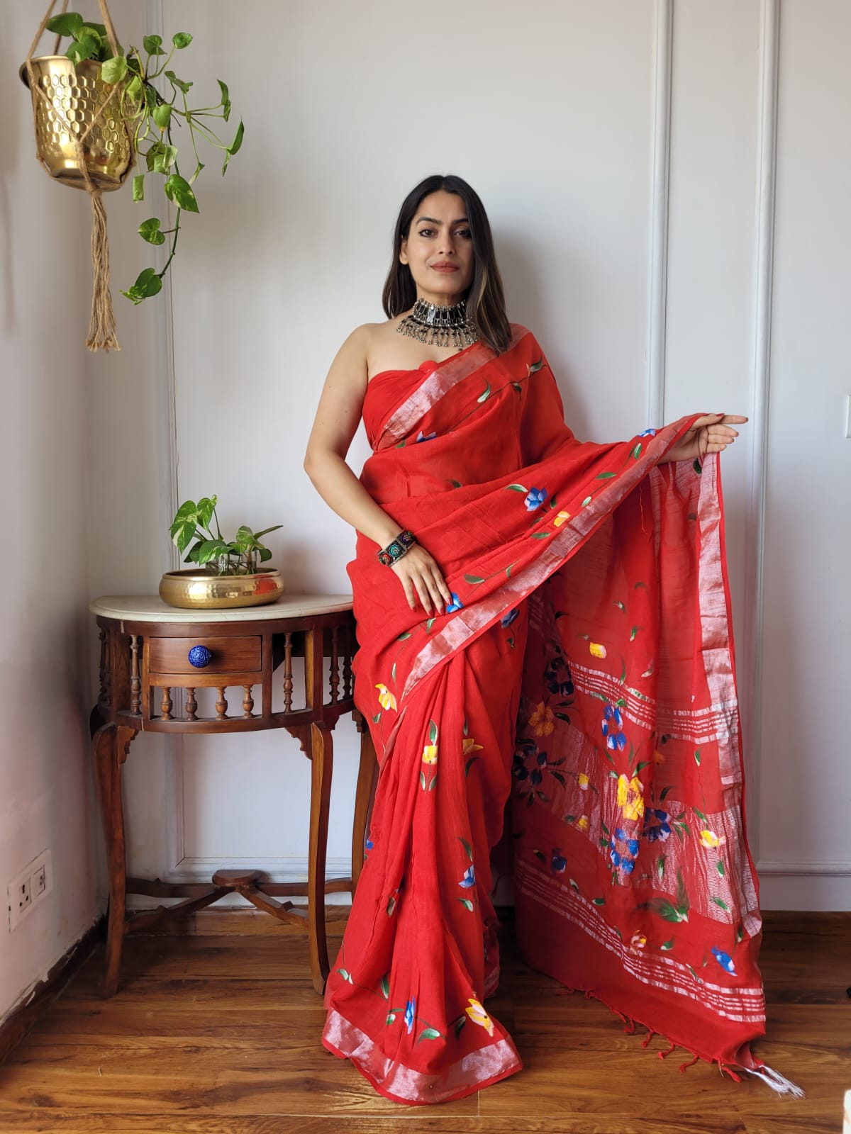 Bagru Hand Block Printed Linen Saree With Blouse