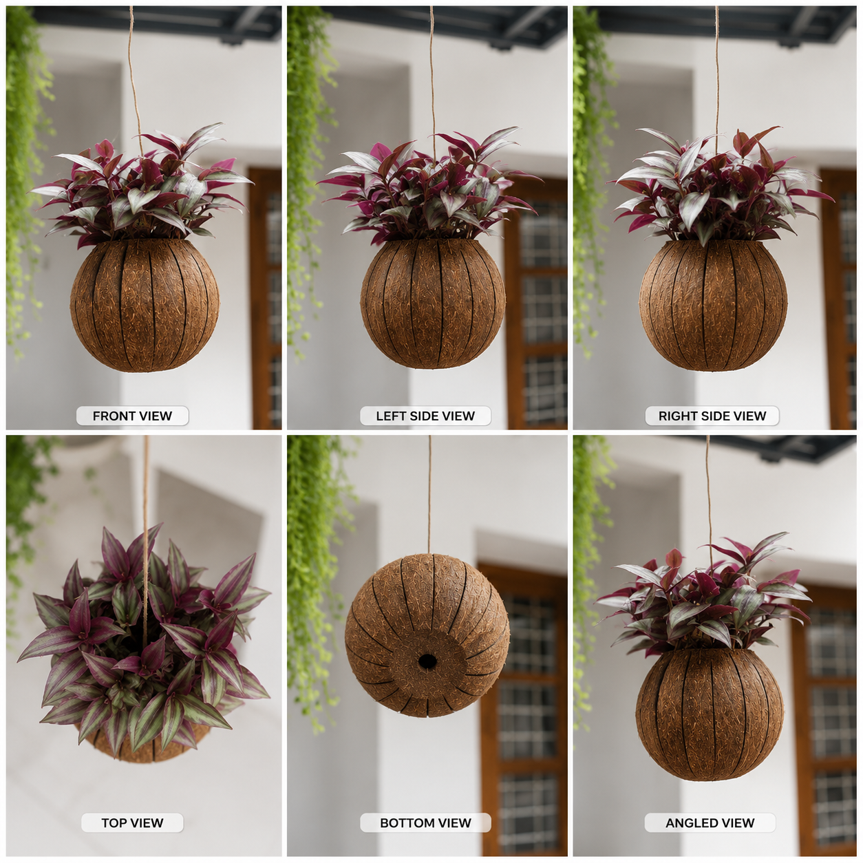 Eco-Friendly Flower Hanging Pot Brass Broidered Coconut Shell Crafts Of Kerala set of 2