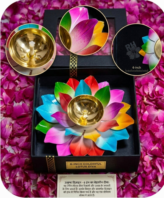 Premium Colorful Metal Lotus Diya with Decorative Black Gift Box