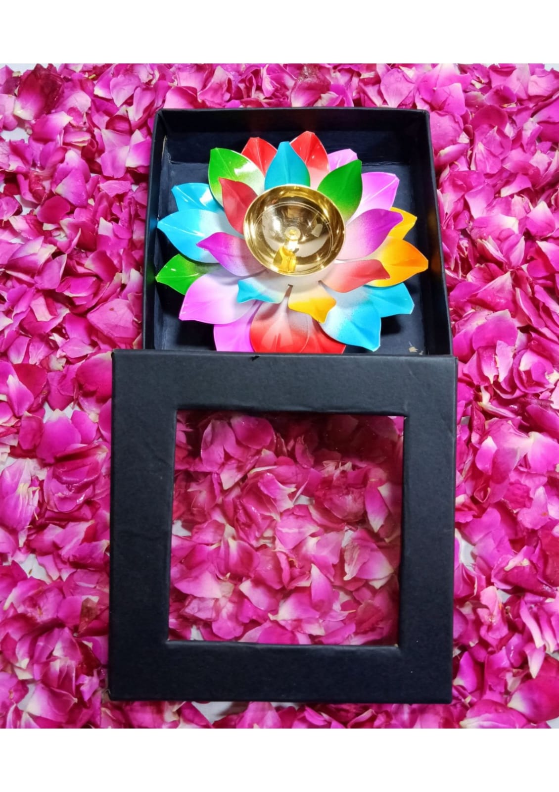 Premium Colorful Metal Lotus Diya with Decorative Black Gift Box