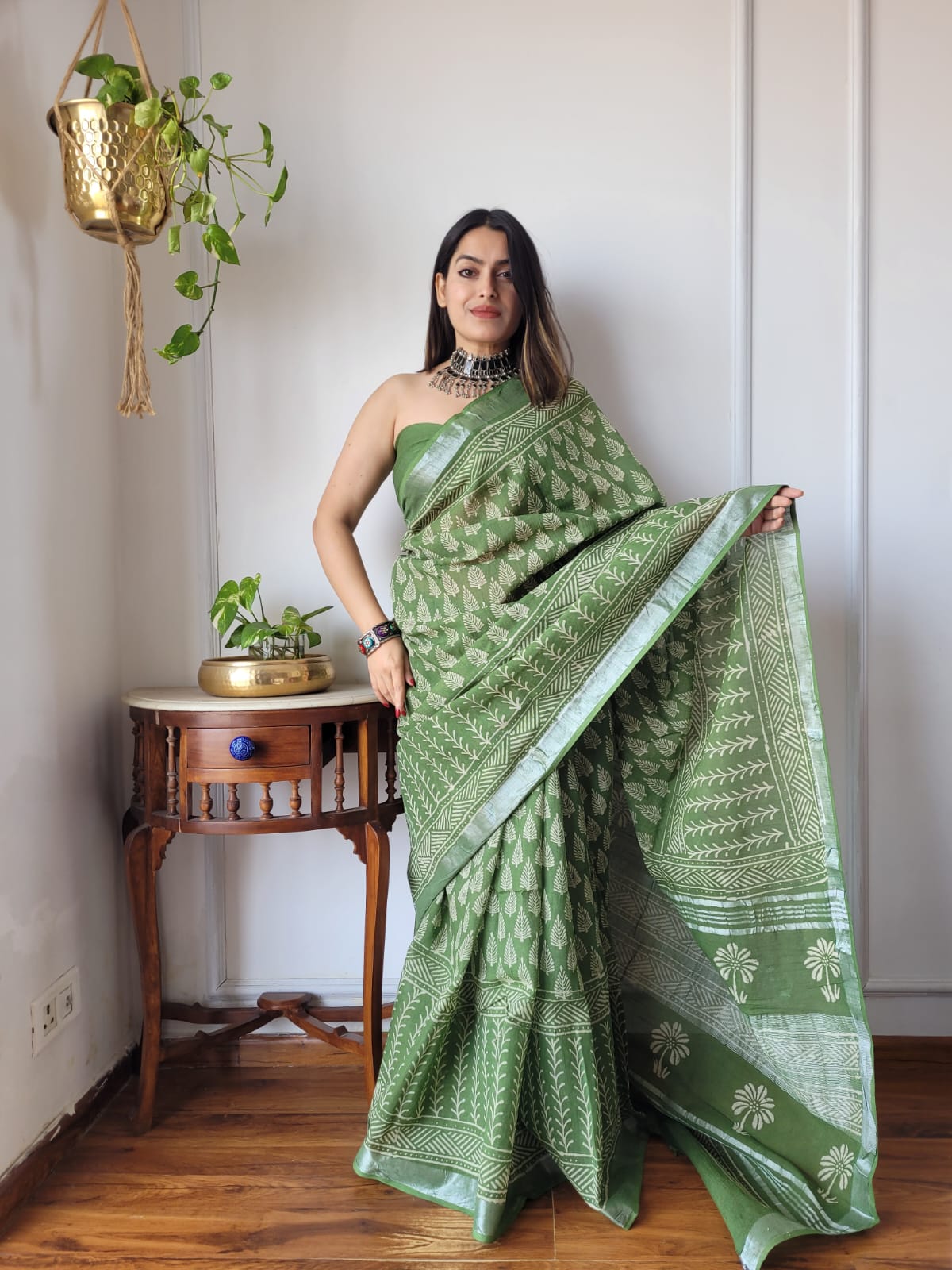 Bagru Hand Block Printed Linen Saree With Blouse