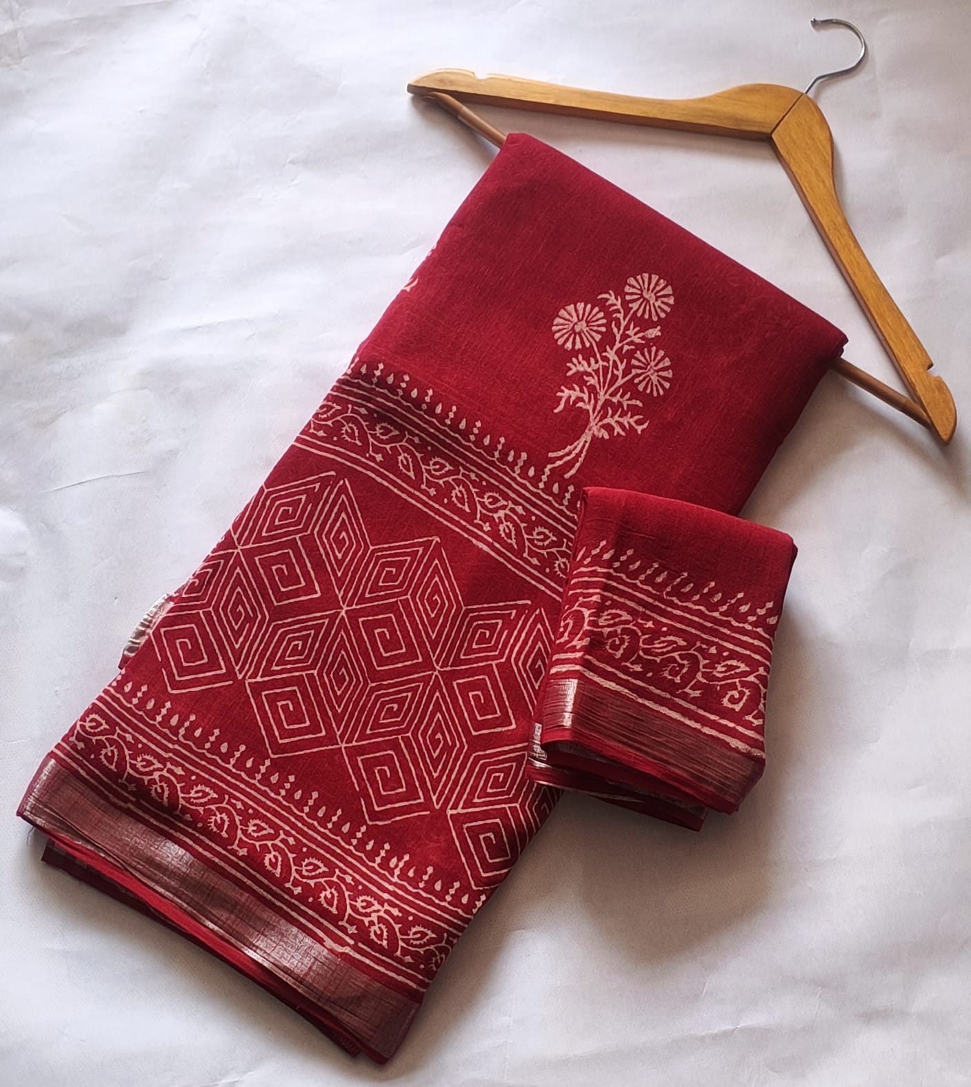 Bagru Hand Block Printed Linen Saree With Blouse