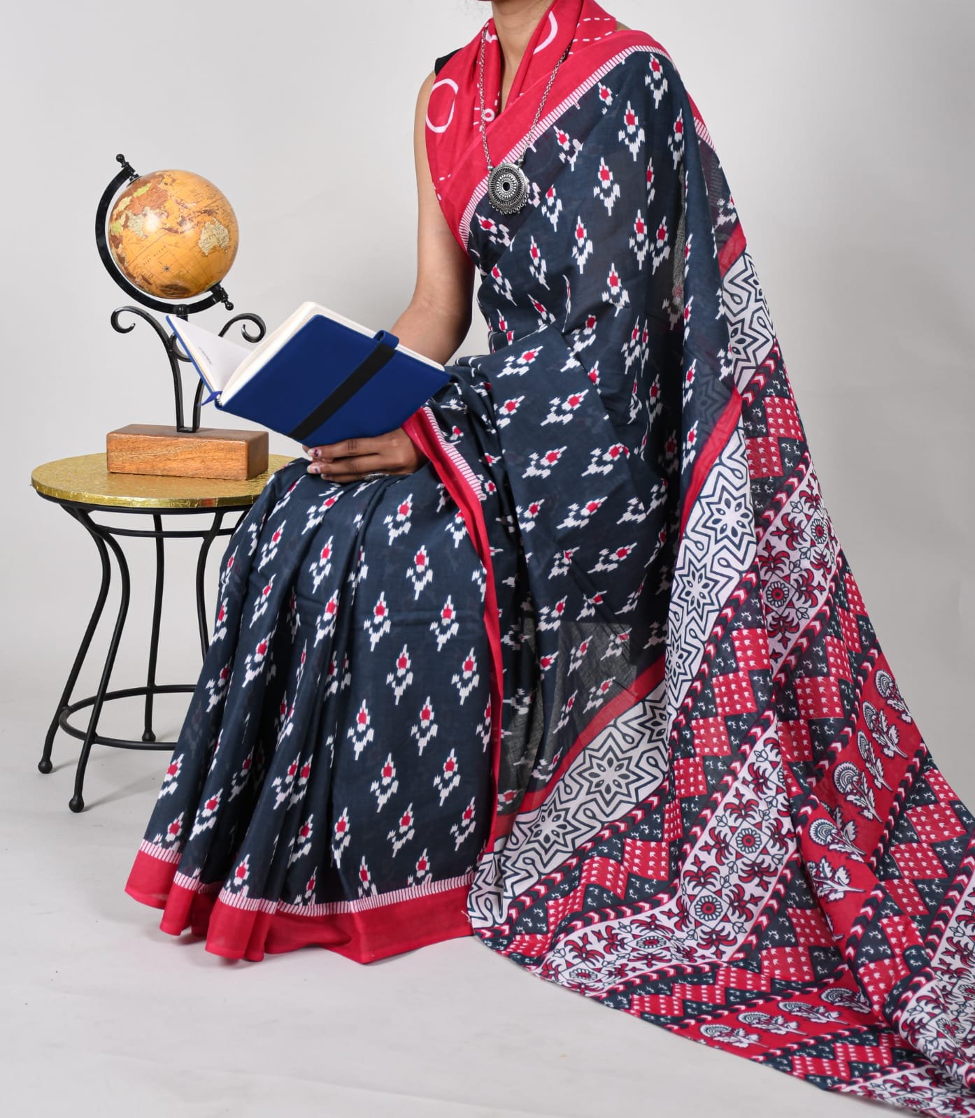 Bagru Natural Hand Block Print Cotton Mulmul Saree With Blouse