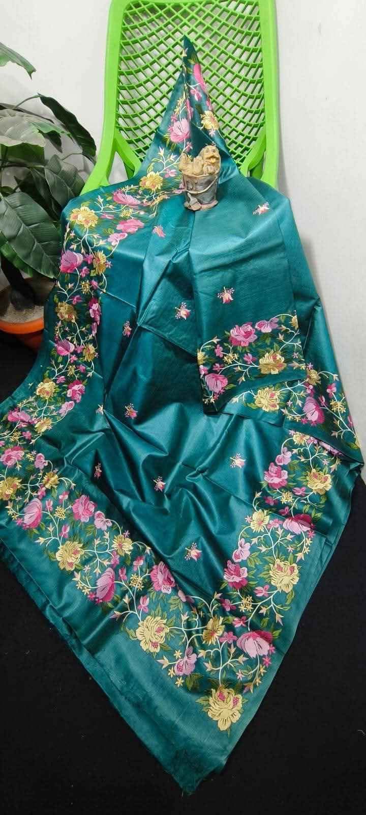 Beautiful Pure Tussar Kosa Embroidery Work Saree