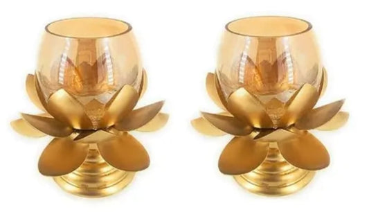 Lotus Show Candle Tealight Holder Set of 2 Pcs With 2 Glass Plus 2 Wax Candle Iron Made