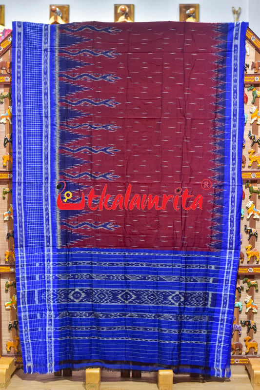 Maroon Blue Check Daali Scot Khandua Cotton Saree