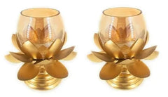 Lotus Show Candle Tealight Holder Set of 2 Pcs With 2 Glass Plus 2 Wax Candle (Iron Made)