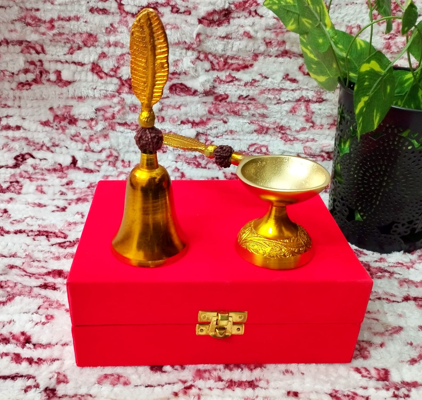 Brass Finish Red Gift Box 1 Bell 1 Diya