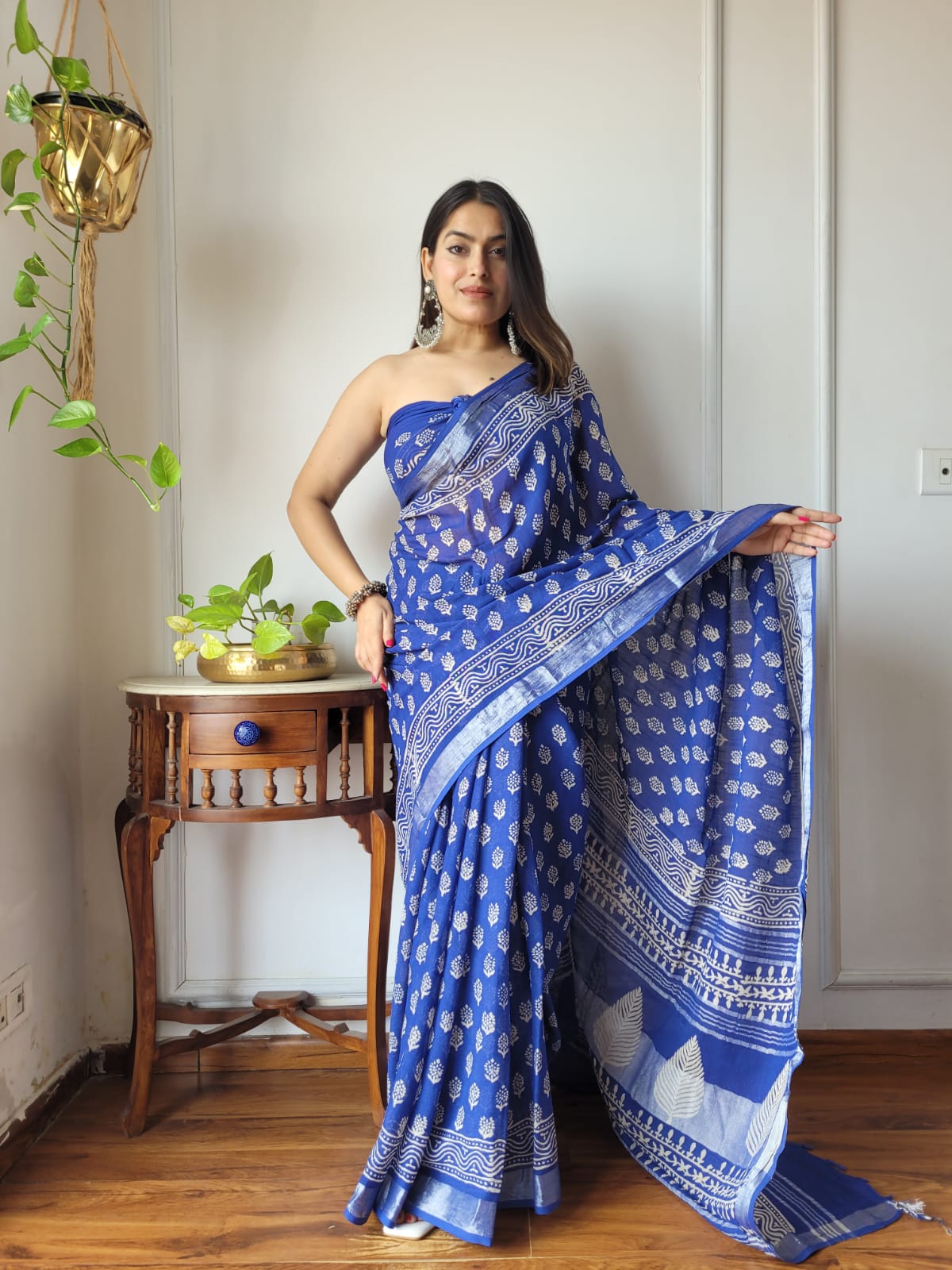 Bagru Hand Block Printed Linen Saree With Blouse