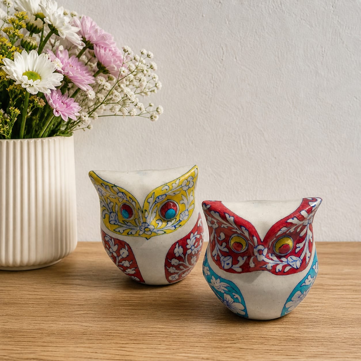 Blue Pottery Owl Set Of Two