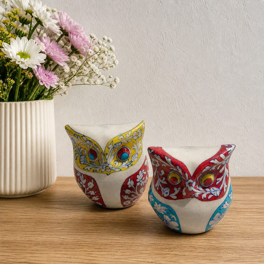 Blue Pottery Owl Set Of Two