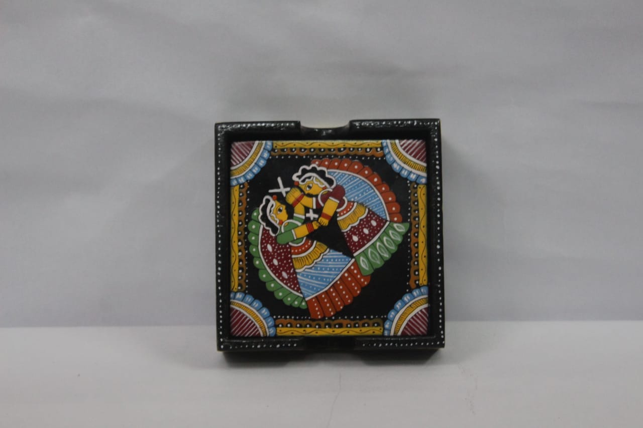 Beautiful Tikuli Art Four Coaster Set With Holder Square Shape