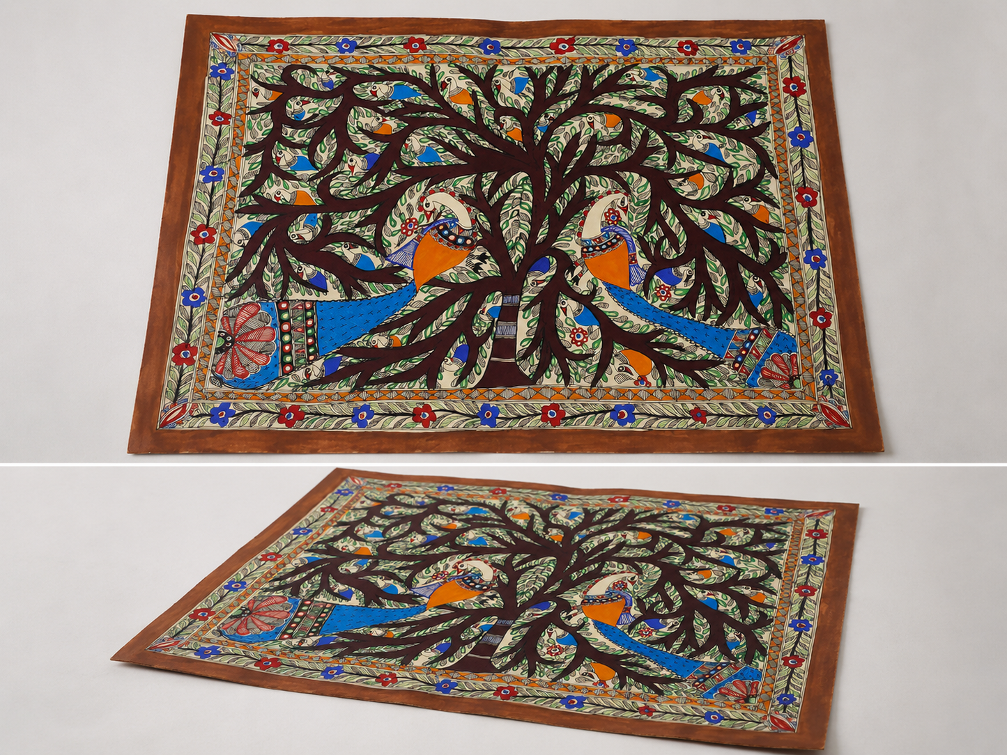 Colourful Peacocks On Tree Madhubani Painting