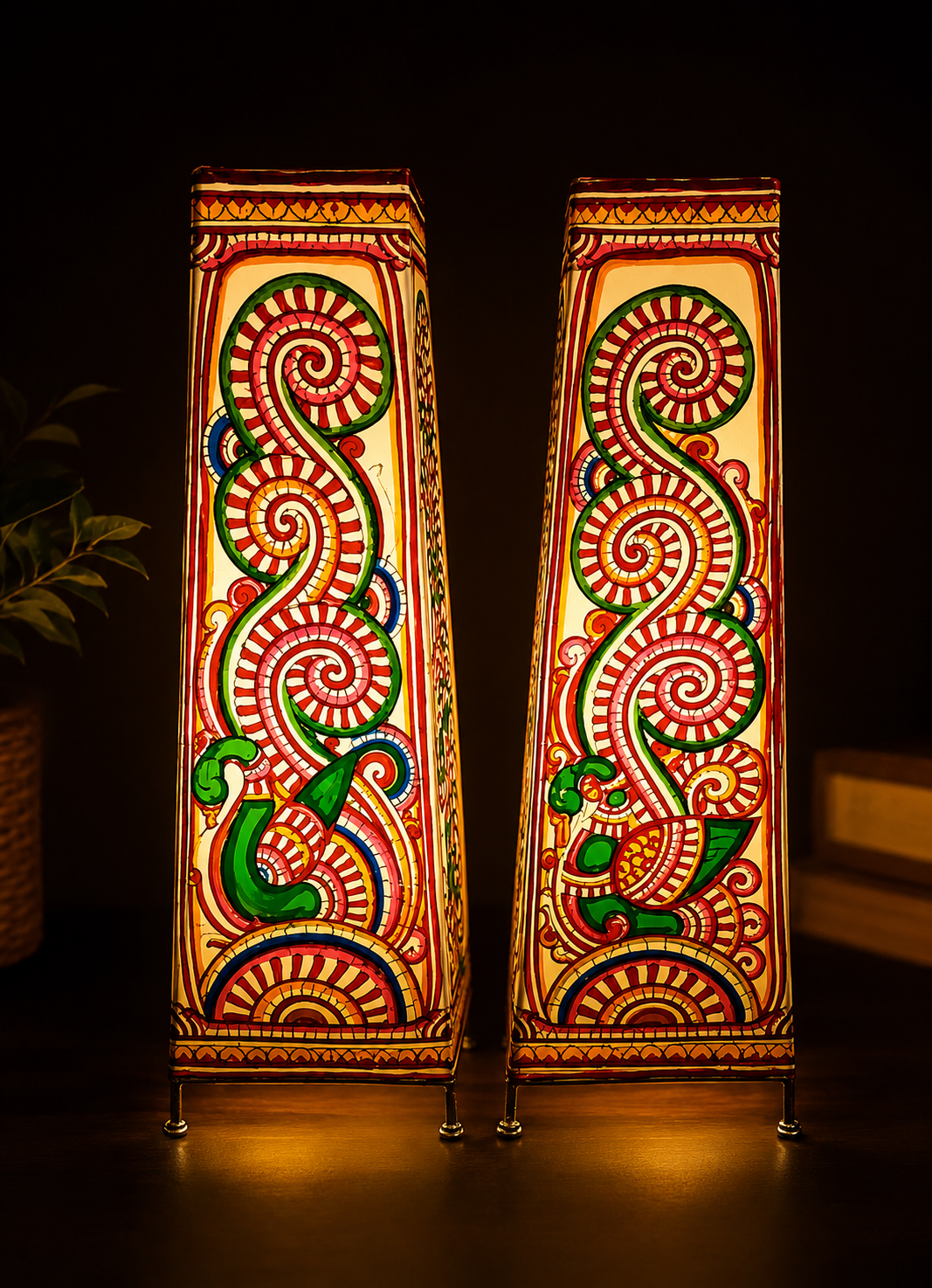 Andhra Pradesh Leather Puppetry Peacock Design Decorative Showpiece Lamp (Set of 2)