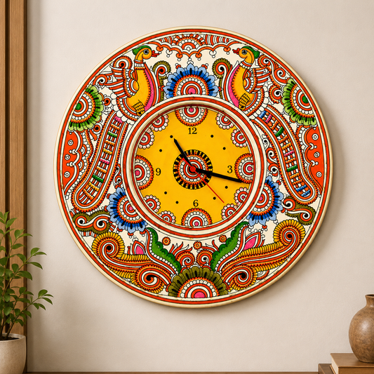 Beautiful Yellow Handpainted Peacock Design Clock