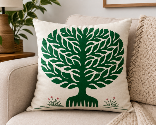 Green Banyan Tree Pipli Appliquie Cushion Cover Single Piece (16