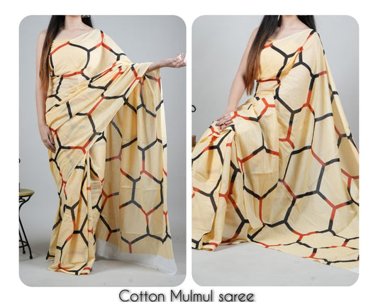 Bagru Natural Hand Block Print Cotton Mulmul Saree With Blouse